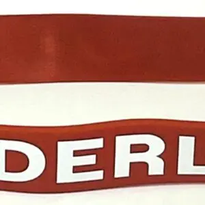 A red and white band with the name " derlin ".