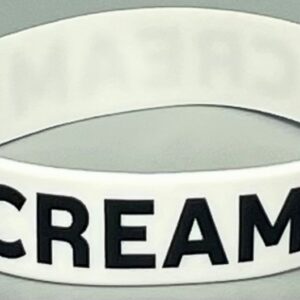 A white bracelet with the word scream written on it.