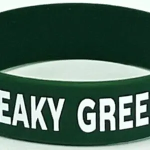 A green bracelet with the words " beaky green ".