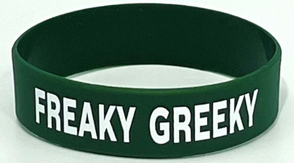 A green bracelet with the words " beaky green ".