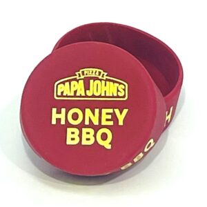 A red box with papa johns logo on it.