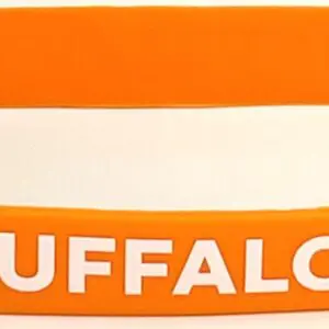 A close up of an orange wristband with the word buffalo on it