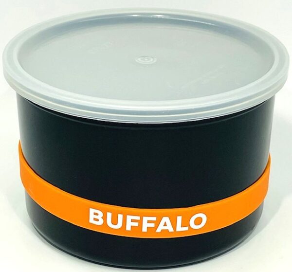 A black container with orange band around it.