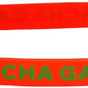 A red bracelet with the word " cha ga ga ".