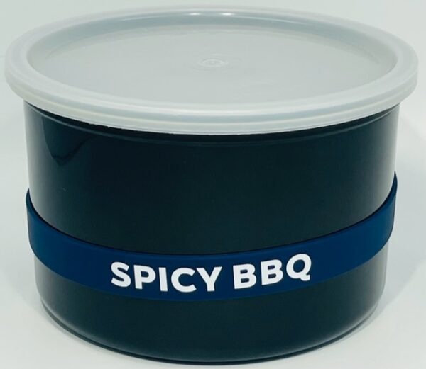 A black container with a blue band around it.