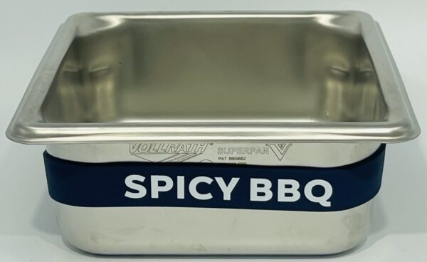 A metal container with the words spicy bbq written on it.