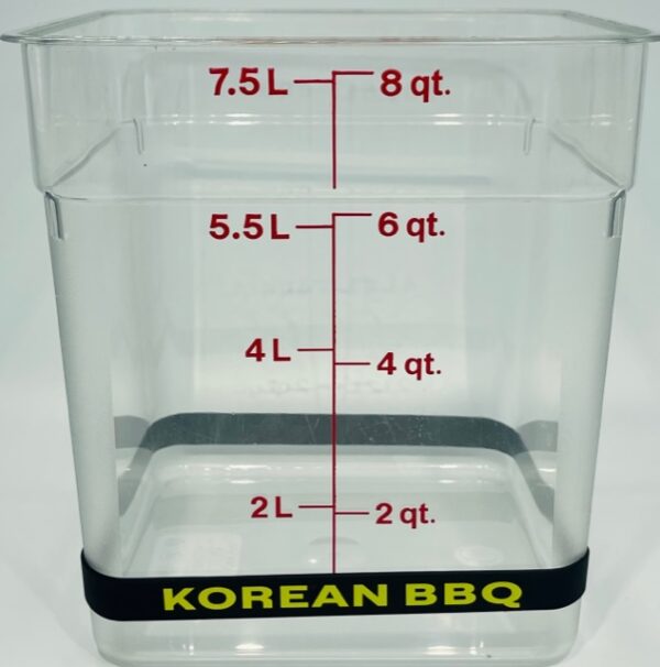 A clear container with the words " korean bbq " written on it.