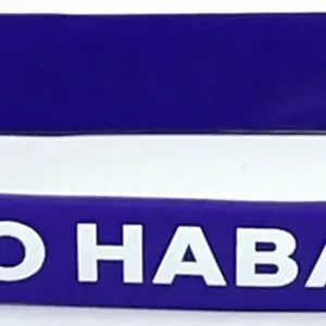 A purple wristband with the words " go haba " written on it.