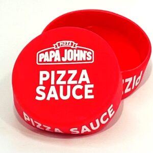 A red box with the words papa johns pizza sauce on it.