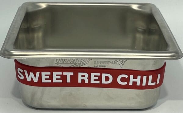 A metal container with the words " sweet red chili ".