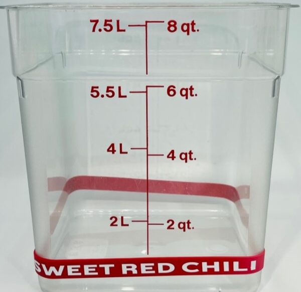 A container with the measurements of each chili in it.