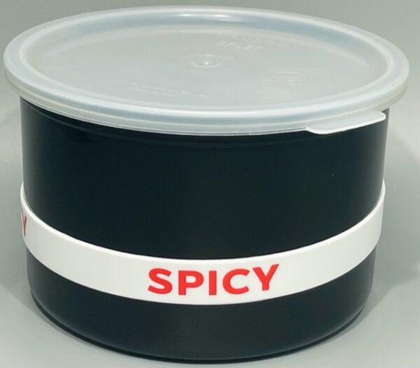 A black container with the word spicy written on it.