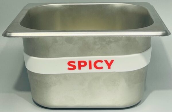 A silver bowl with the word spicy written on it.