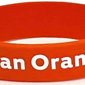 A red wristband with the words " san orange ".