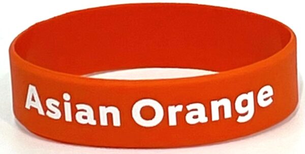 A red wristband with the words " san orange ".