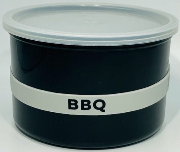 A black container with the word bbq written on it.