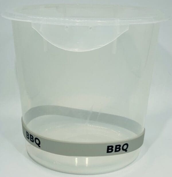 A clear plastic container with bbq written on it.