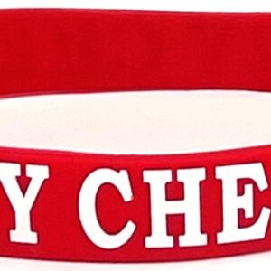 A red and white wristband with the words " stay cheesy ".