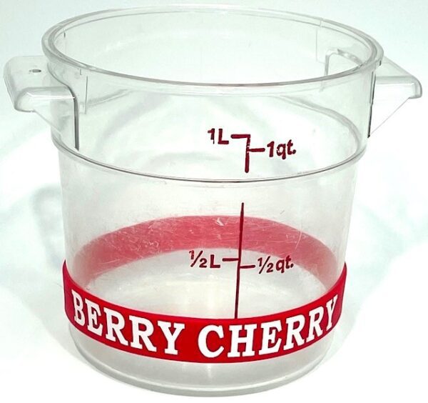 A plastic container with the words berry cherry written on it.