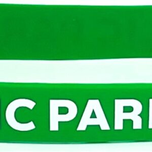 A green wristband with the words " public parks ".