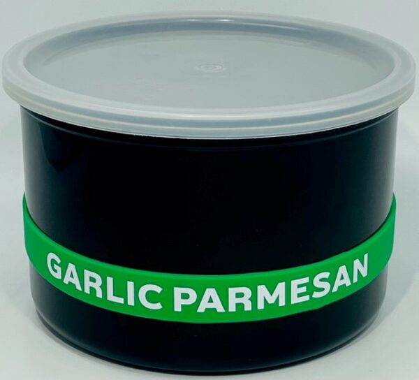 A container of garlic parmesan cheese.