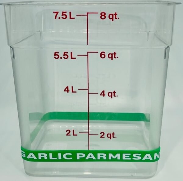 A container with the words garlic parmesan written on it.