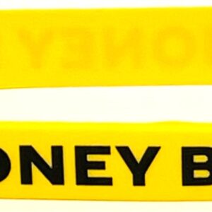 A yellow wristband with the words " money back ".