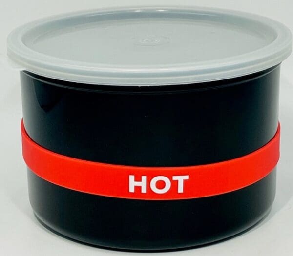 A black container with red band around it.