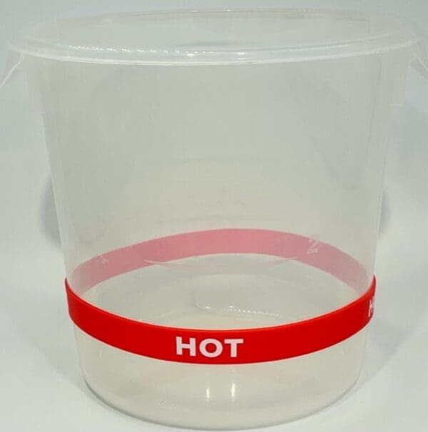 A plastic container with the word hot on it.