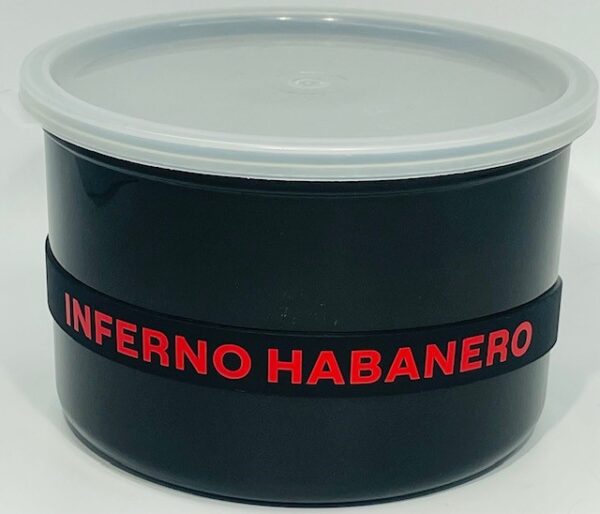 A black container with red lettering on it.