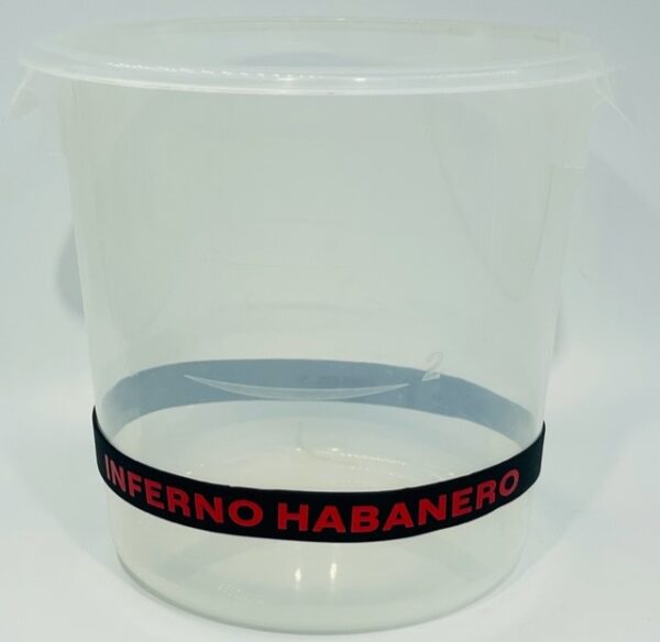 A plastic container with a black and red band around it.