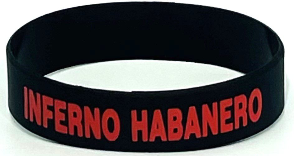 A black and red wristband with the words " inferno habanero ".