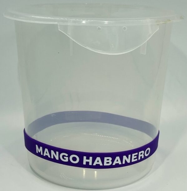 A plastic container with a purple band around it.