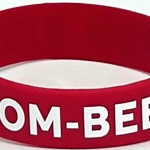 A red bracelet with the word " tom-bee ".