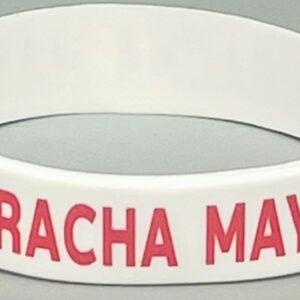 A white bracelet with the name of " racha may ".
