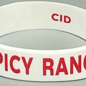 A white and red bracelet with the words spicy ranch written on it.