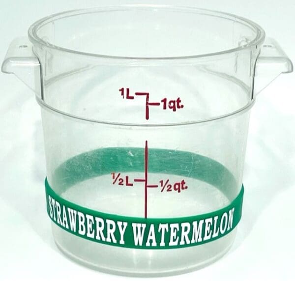 A plastic container with the measurements of each cup.