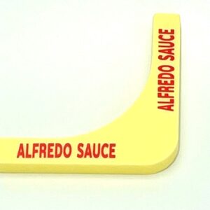 A yellow sign with the name alfredo sauce written on it.