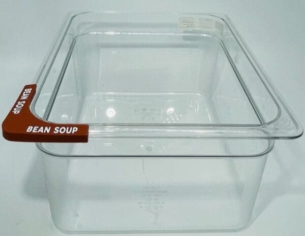 A clear container with brown handles and a brown seal.