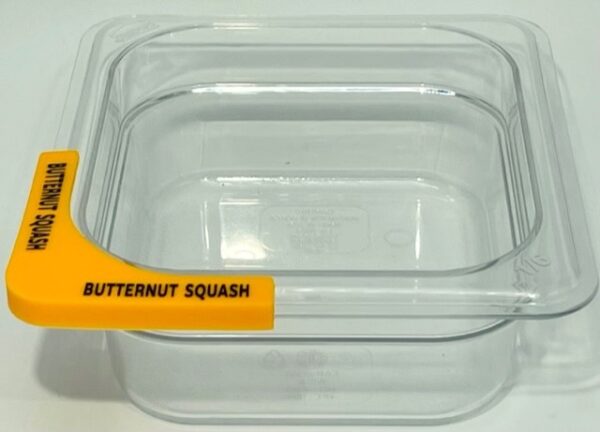 A plastic container with the name butternut squash on it.