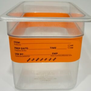 A plastic container with an orange label on it.