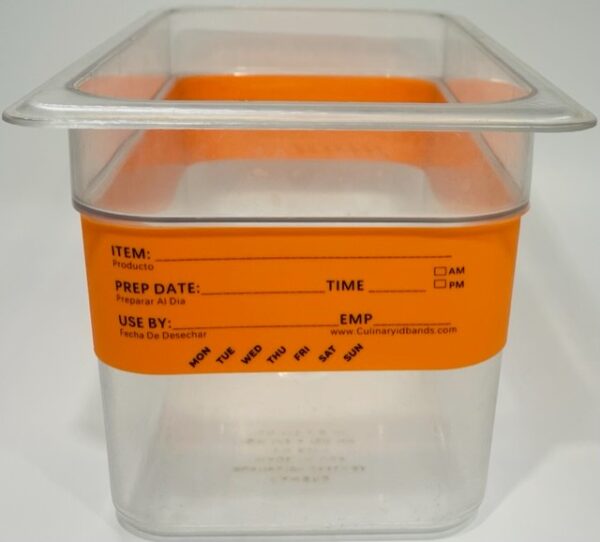 A plastic container with an orange label on it.