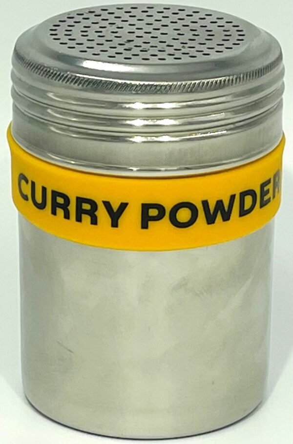 A container of curry powder with yellow band around it.