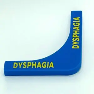A blue and yellow plastic object with the word dysphagia written on it.