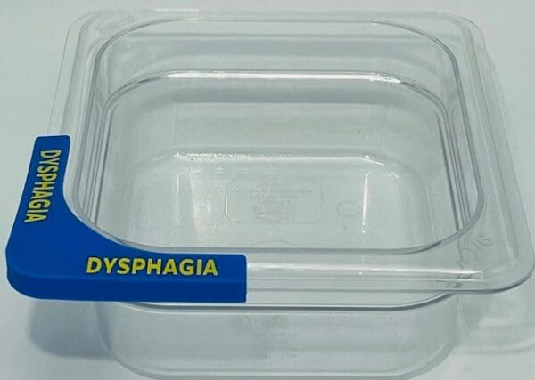 A plastic container with the label dysphagia.