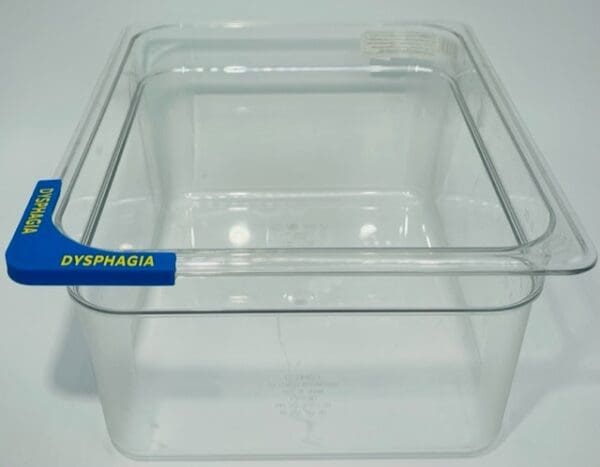 A clear plastic container with blue label on it.