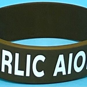 A black bracelet with the words garlic aioiia on it.