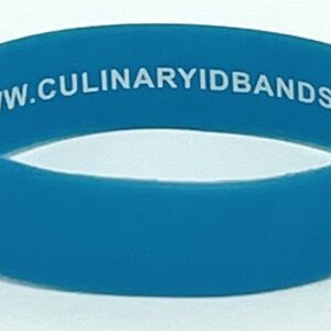 A blue rubber band with the words culinary id bands written on it.