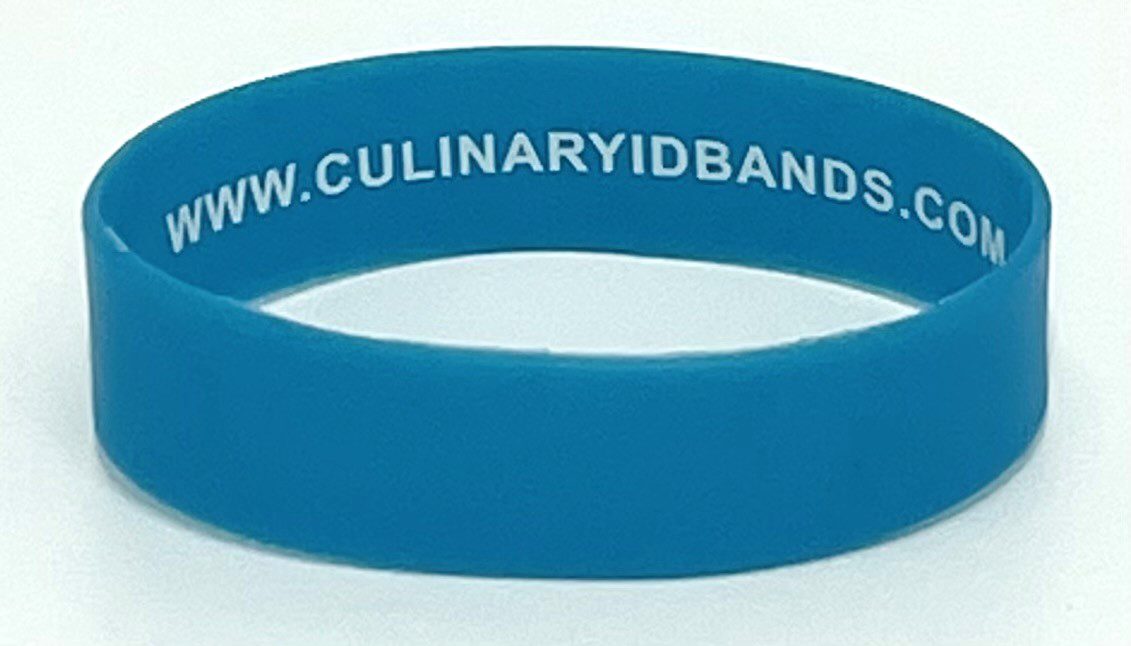 A blue rubber band with the words culinary id bands written on it.