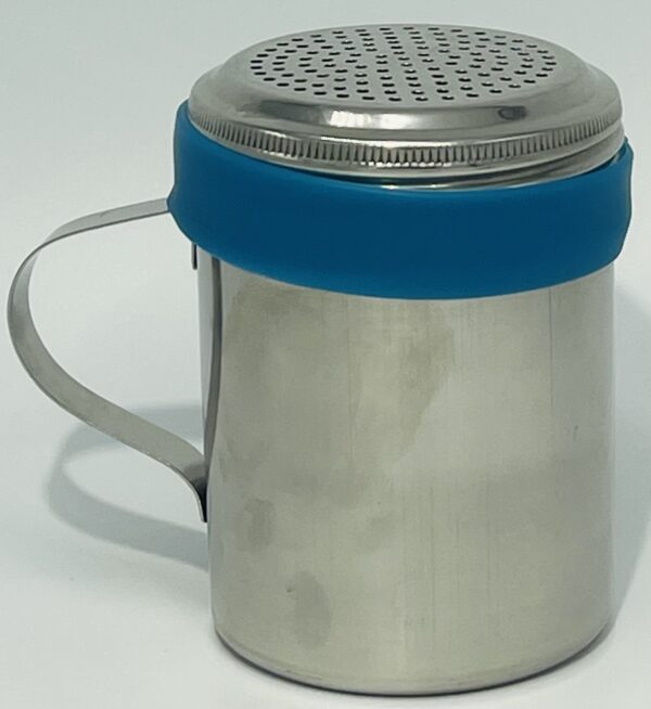 A stainless steel cup with blue handle and lid.